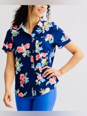 Croft and Barrow (New) 0X Navy Floral Short-Sleeve Button-Down Shirt